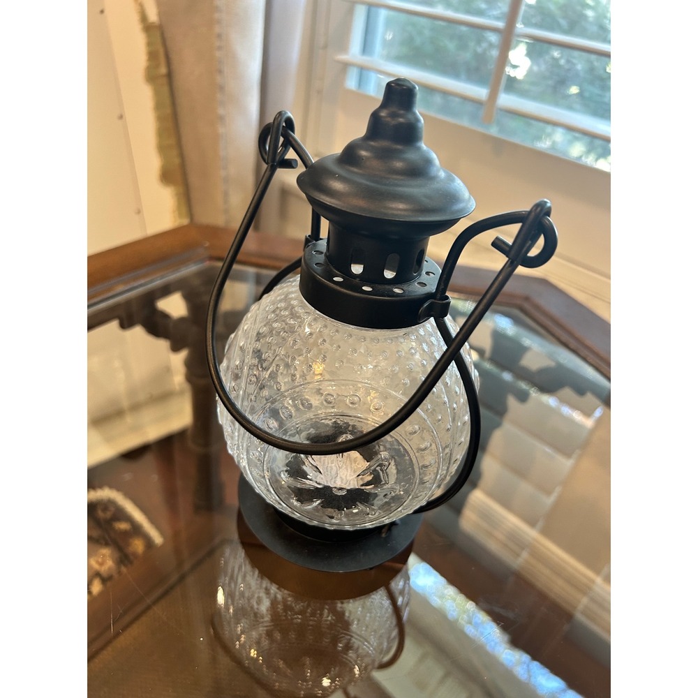 Vintage Style Black Metal and Clear Hobnail Glass Decorative Lantern 9 Inch